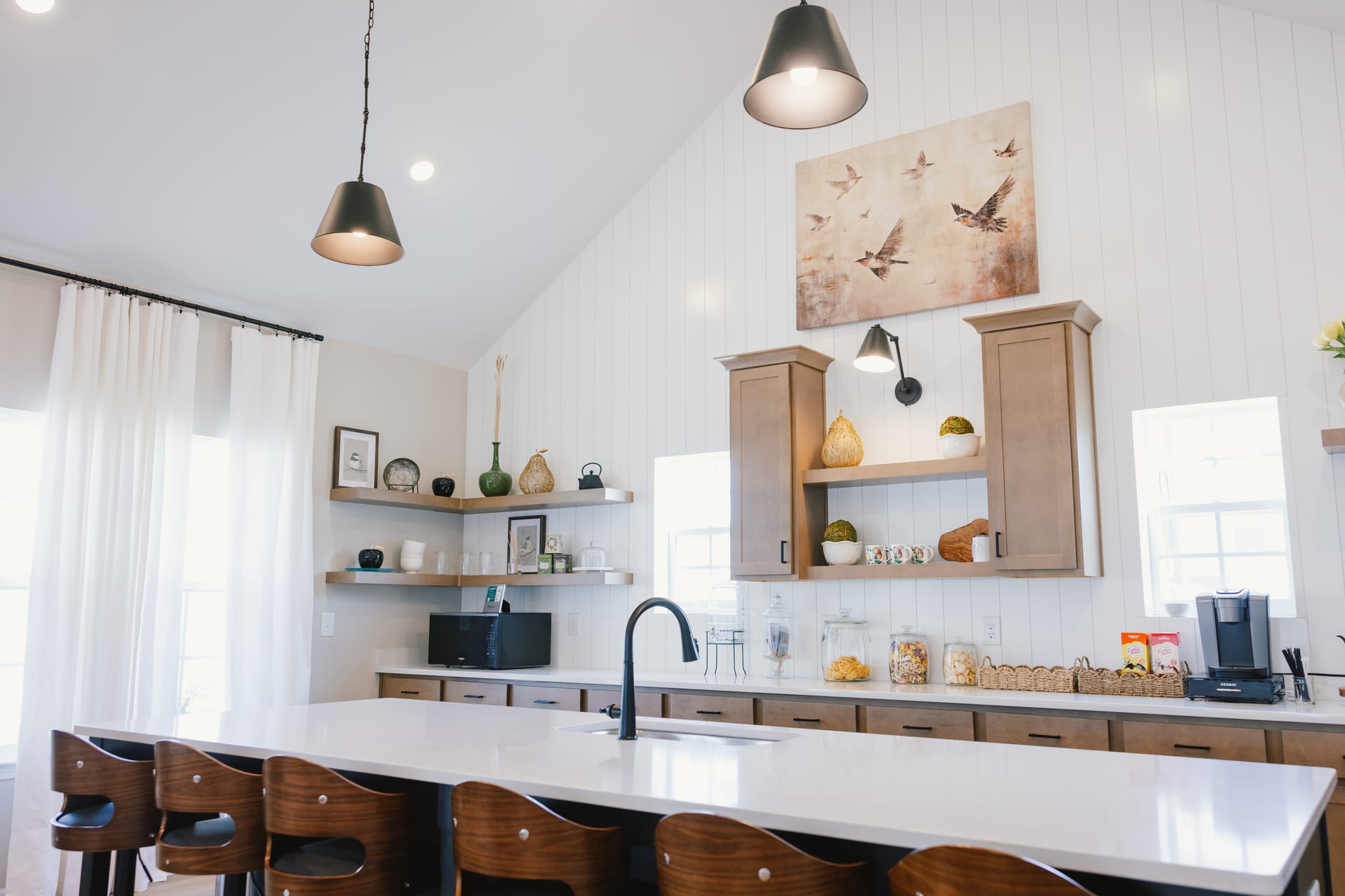 Harts Branch Townhomes: kitchen island with pendant lights and open shelving